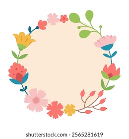 Flower frame. Circle floral banner. Round floristic decoration template. Isolated botany mock up. 