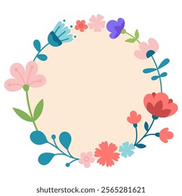 Flower frame. Circle floral banner. Round floristic decoration template. Isolated botany mock up. 