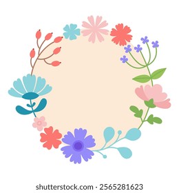 Flower frame. Circle floral banner. Round floristic decoration template. Isolated botany mock up. 