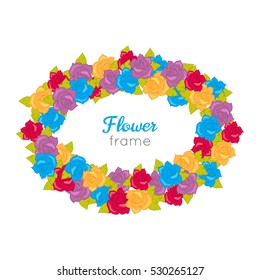 Flower frame. Circle wreath of different blossoms. Green leaves. Colourful selection of flowers on white. Blue purple yellow red roses. Decoration. Accessory for women. Cartoon design in flat. Vector