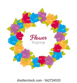 Flower frame. Circle wreath of different blossoms. Green leaves. Colourful selection of flowers on white. Blue purple yellow red roses. Decoration. Accessory for women. Cartoon design in flat. Vector