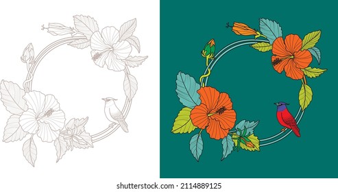 flower frame with circular border and bird