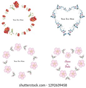 Flower frame collection. A set of cute flowers arranged in the shape of a wreath, perfect for wedding invitations and greeting cards vector illustration