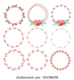 Flower frame collection. Set of cute retro flowers arranged a shape of the wreath for wedding invitations or birthday cards