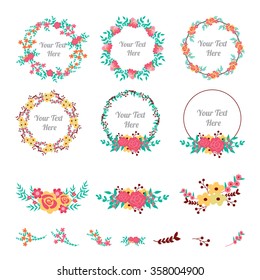 Flower frame collection. Set of cute flowers arranged a shape of the wreath for wedding invitations or birthday cards