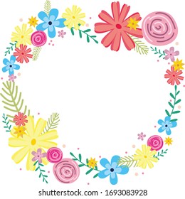 A flower frame with colorful floral decorations and various leaves, isolated in a color background. Flower frame for your business