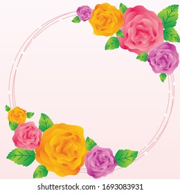 A flower frame with colorful floral decorations and various leaves, isolated in a color background. Flower frame for your business