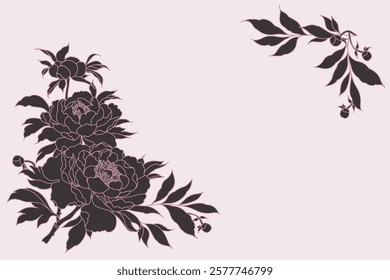 Flower frame. Corner decoration with silhouettes of peony flowers and leaves. Vector botanical decorative elements for card, wedding invitation, banner, poster, print, banner, advertising, packaging