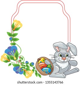 Flower frame with cute little bunny and Easter eggs