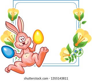 Flower frame with cute little bunny and Easter eggs