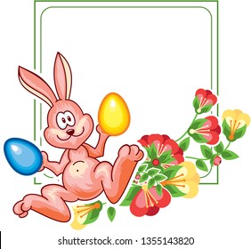 Flower frame with cute little bunny and Easter eggs