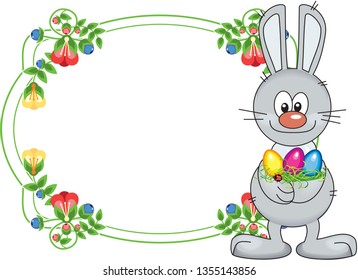 Flower frame with cute little bunny and Easter eggs