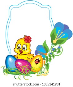 Flower frame with cute little chicken and Easter eggs