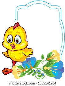 Flower frame with cute little chicken and Easter eggs