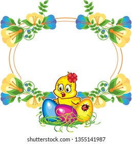 Flower frame with cute little chicken and Easter eggs