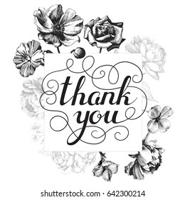  Flower frame drawing by black Ink peony, roses, anemone, poppy. Hand drawn botanical art isolated on white background. Floral illustration. flowers drawing vector illustration and line art. Thank You