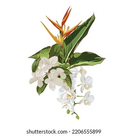 Flower frame element with yellow, white exotic flowers, orchid in watercolor style isolated on white background. Template for invitation card. Square composition. 