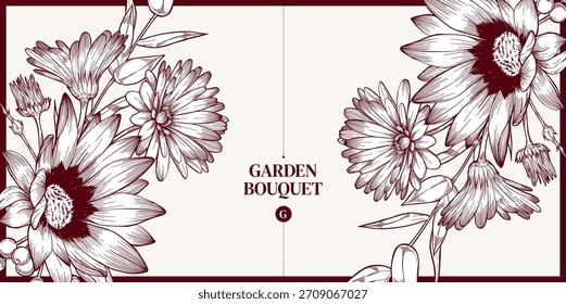 Flower frame of eucalyptus daisies calendula geranium berries vector illustration in outline style. Vintage card of a bouquet of garden flowers and indoor plants in monochrome. Floral clip art