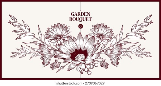Flower frame of eucalyptus daisies calendula geranium berries vector illustration in outline style. Vintage card of a bouquet of garden flowers and indoor plants in monochrome. Floral clip art