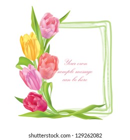 Flower frame. Floral border. Bouquet tulips isolated.