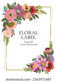 Flower Frame, Floral gold frame vector illustration, decorative branches. Botanical background