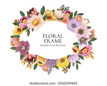 Flower Frame, frame with floral leaves and plants, decorative branches. Botanical background vector illustration ,card, cover, poster, greeting
