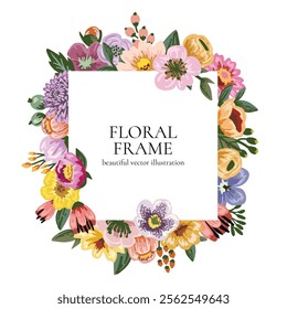 Flower Frame, frame with floral leaves and plants, decorative branches. Botanical background vector illustration ,card, cover, poster, greeting