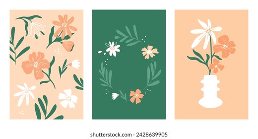 Flower frame, floral pattern, flowers bouquet ceramic interior vase. Wedding postcard design template, invitation, mothers, women day card. Nature banner set. Hello spring, summer vector illustration 