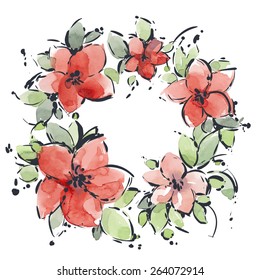 Flower frame. Flowers arranged in the shape of a wreath. Greeting card with flowers, can be used as invitation card for wedding, birthday and other holiday and summer background. Vector illustration.