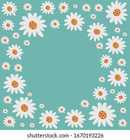 Flower frame. Frame with flowers of camomiles. Floral design. Vector color frame. Flat illustration of flowers.