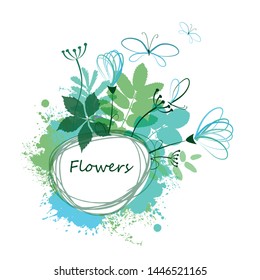 Flower frame with flowers and leaves. Vector illustration