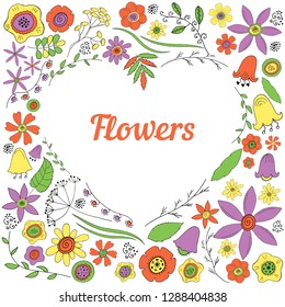 Flower frame in the form of a heart made of isolated elements on a white background