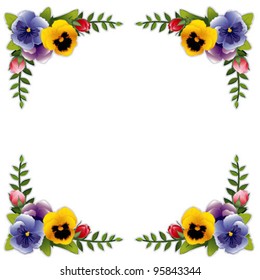 Flower Frame, Garden Pansies, Roses. Victorian style background, copy space. Traditional for gift tag, card, label or announcement for celebrations, holidays, scrapbooks, albums. EPS8 compatible.