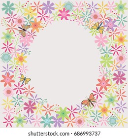 Flower frame. Flower garland. Beautiful flowers and butterflies in heart shape. This image is used for the background picture frame, or cards of congratulation for your special someone.