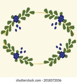 flower frame with green leaves in the shape of an arch inside there is free space for text. It is suitable for using postcards, invitations for a birthday, wedding or celebration. vector illustration