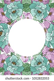 Flower frame for greeting card, wedding invitation design with flowers and leaves. Hand painted floral background for your text. Template.Vector illustration.