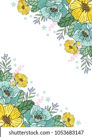 Flower frame for greeting card, wedding invitation design with flowers and leaves. Hand painted floral background for your text. Template.Vector illustration.