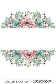 Flower frame for greeting card, wedding invitation design with flowers and leaves. Hand painted floral background for your text. Template.Vector illustration.
