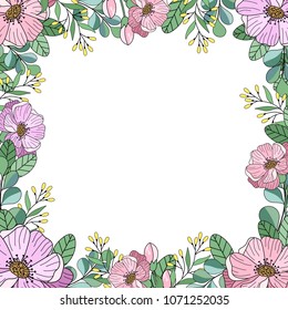 Flower frame for greeting card, wedding invitation design with flowers and leaves. Hand painted floral background for your text. Template.Vector illustration.