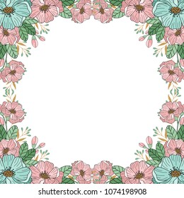 Flower frame for greeting card, wedding invitation design with flowers and leaves. Hand painted floral background for your text. Template.Vector illustration.