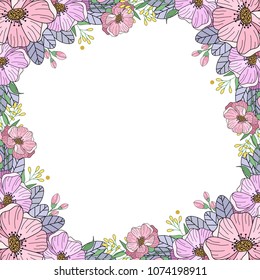 Flower frame for greeting card, wedding invitation design with flowers and leaves. Hand painted floral background for your text. Template.Vector illustration.