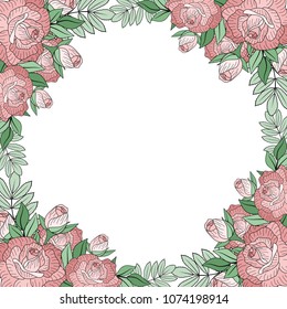 Flower frame for greeting card, wedding invitation design with flowers and leaves. Hand painted floral background for your text. Template.Vector illustration.