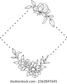 Flower Frame. Hand drawn Botanical vector illustration. Black and white wreath.