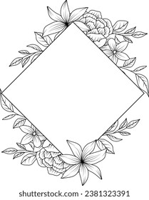 Flower Frame. Hand drawn Botanical vector illustration. Black and white wreath.