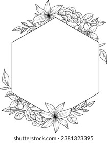 Flower Frame. Hand drawn Botanical vector illustration. Black and white wreath.