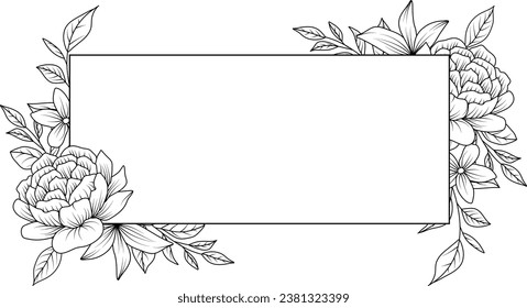 Flower Frame. Hand drawn Botanical vector illustration. Black and white wreath.