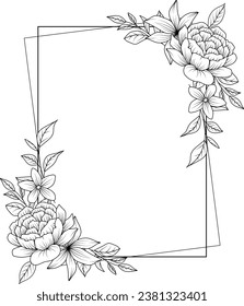 Flower Frame. Hand drawn Botanical vector illustration. Black and white wreath.