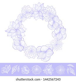 Flower frame, hand drawn flowers and leaves, floral background, design elements. Vector illustration set. Flowers collection for your design.
