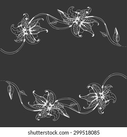 Flower frame in hand drawn style on dark background with place for your text or image. Vector illustration for graphic design.