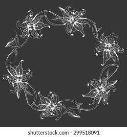 Flower frame in hand drawn style on dark background with place for your text or image. Vector illustration for graphic design.